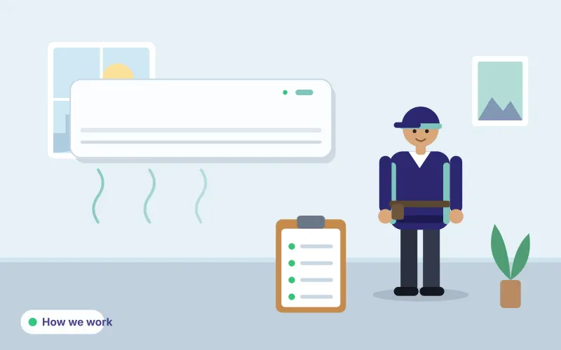 Illustration of a technician with a clipboard beside a split air conditioner