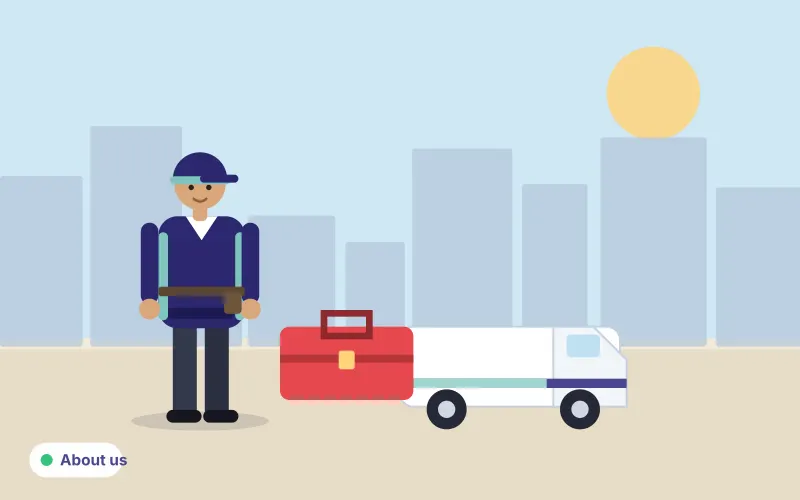 Illustration of a technician in a navy uniform with a toolbox next to a plain service van