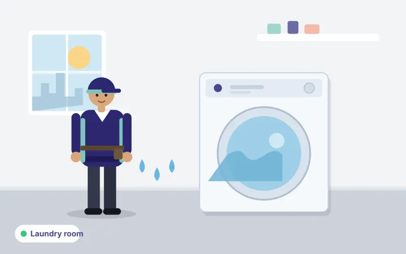 Illustration of a technician standing beside a washing machine in a home laundry room