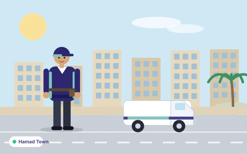Illustration of apartment blocks and a roundabout with a service van and technician in the foreground
