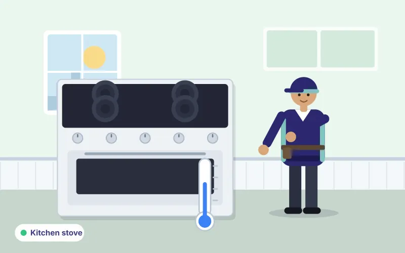 Illustration of a technician inspecting an electric stove in a home kitchen
