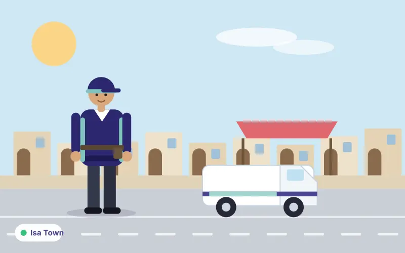 Illustration of low-rise houses and a market canopy with a service van and technician in front