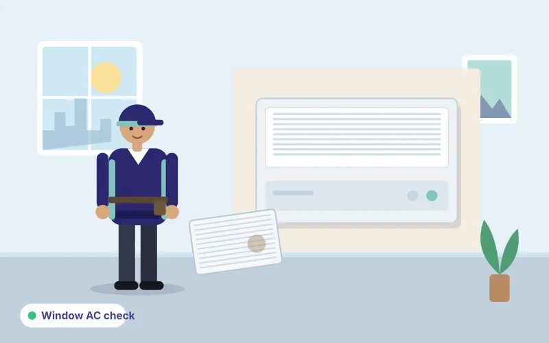 Illustration of a technician beside a window air conditioner with a filter in a living room