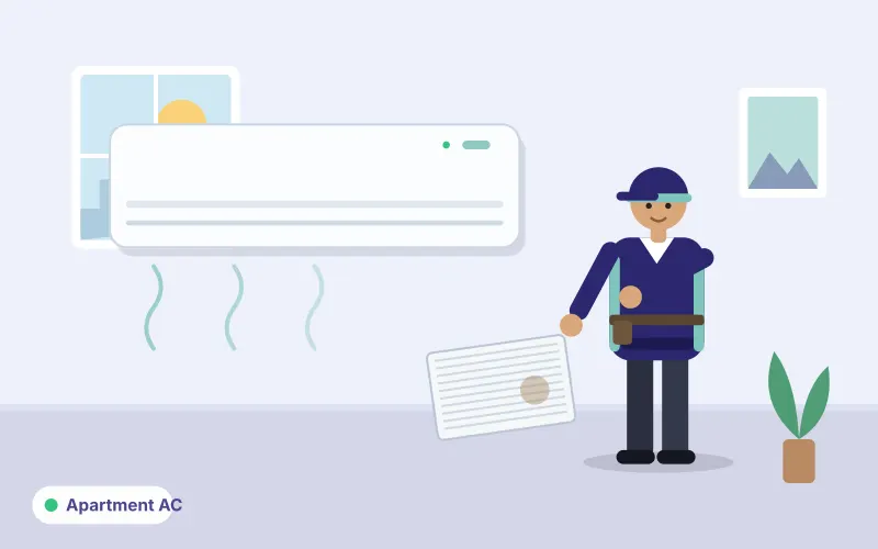 Illustration of a technician checking a split air conditioner in an apartment living room