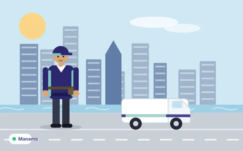 Illustration of a Manama-style skyline of towers with a plain service van and a technician in uniform in the foreground