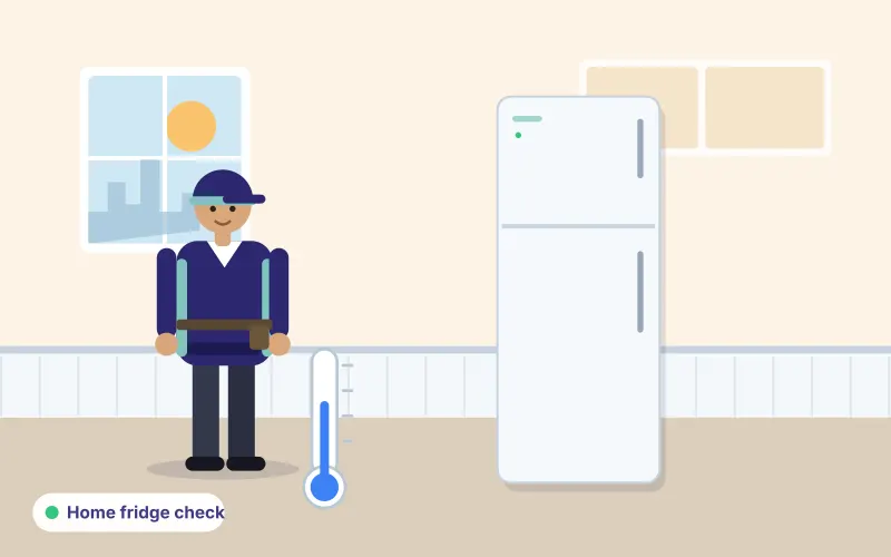 Illustration of a technician checking the temperature of a refrigerator in a family kitchen