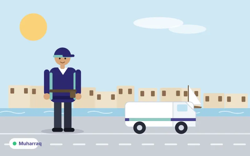 Illustration of low traditional-style houses and a dhow by the waterfront with a service van and technician in front