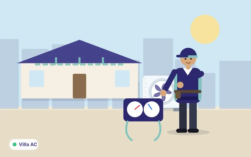Illustration of a villa with central air conditioning and a technician checking the system with a gauge