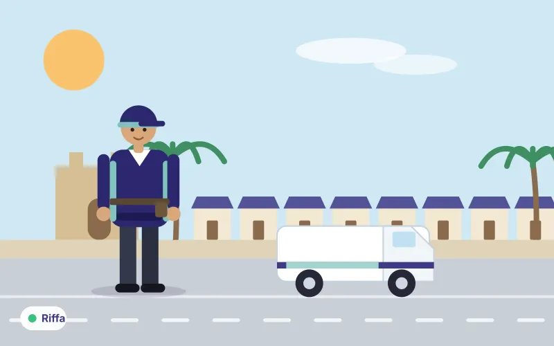 Illustration of villas, palm trees and a fort-style tower with a service van and technician in the foreground