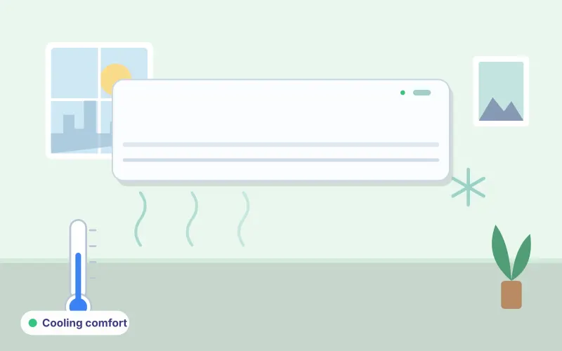 Illustration of a split air conditioner with a thermometer and snowflake symbol for office and retail cooling