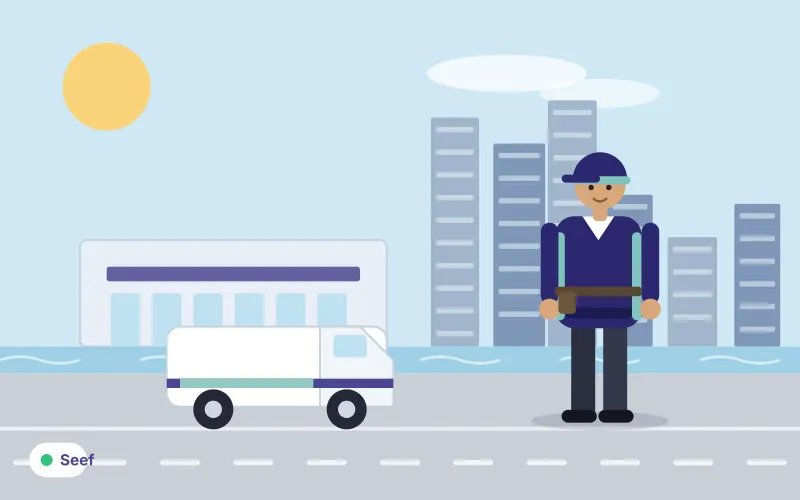 Illustration of a shopping-centre building and office towers with a service van and technician in front