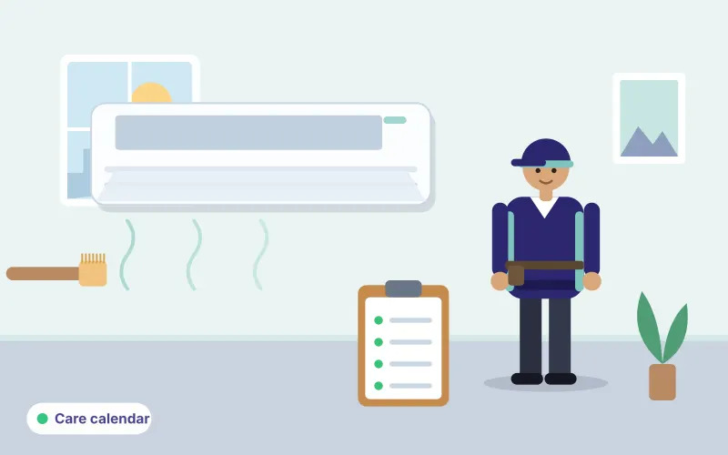 Illustration of a technician with a clipboard beside an open AC, representing a yearly care calendar