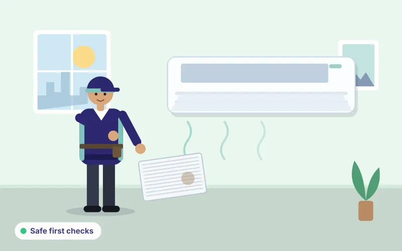 Illustration of an AC with its panel open and a dusty filter, representing safe first checks
