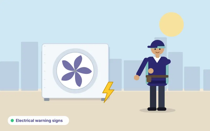 Illustration of a technician looking at an outdoor AC unit with an electrical warning symbol