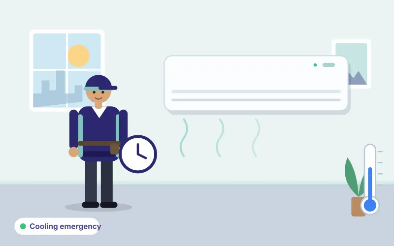 Illustration of a technician beside a split AC with a clock and thermometer, representing an urgent cooling problem