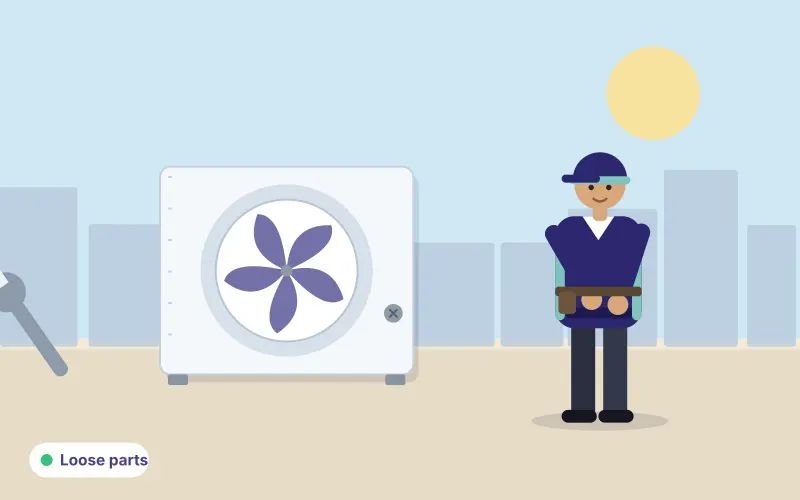 Illustration of a technician tightening parts on an outdoor AC unit to stop rattling