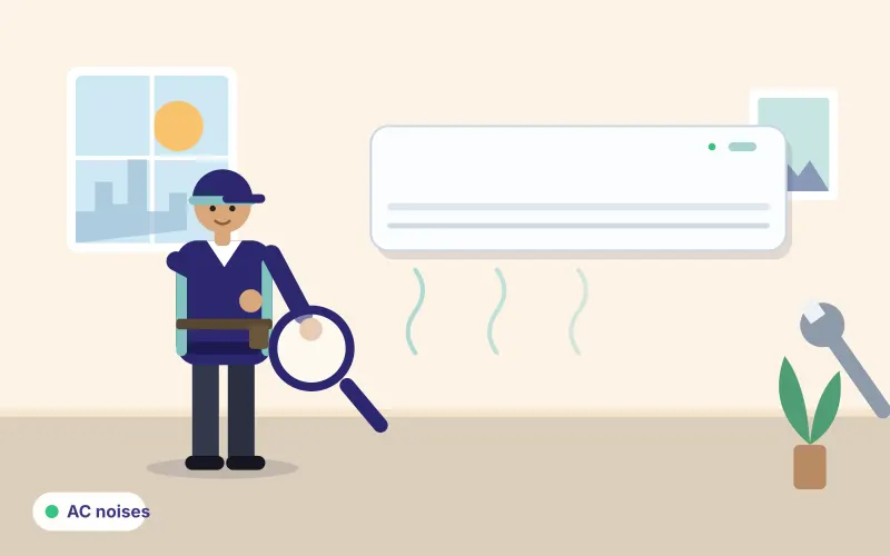 Illustration of a technician listening closely to a split AC with a wrench and magnifying glass