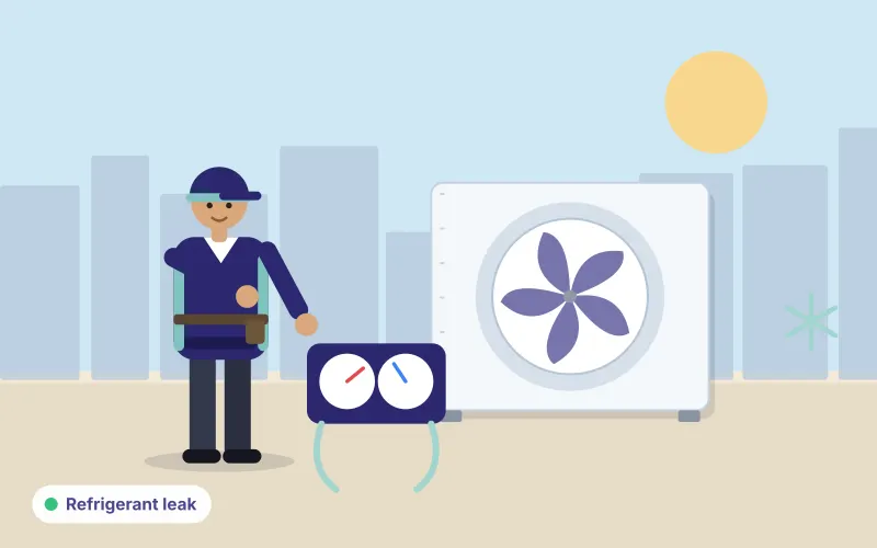 Illustration of a technician reading gauges on an outdoor AC unit while checking for a refrigerant leak