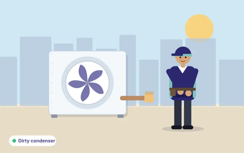 Illustration of a technician brushing dust from an outdoor AC condenser