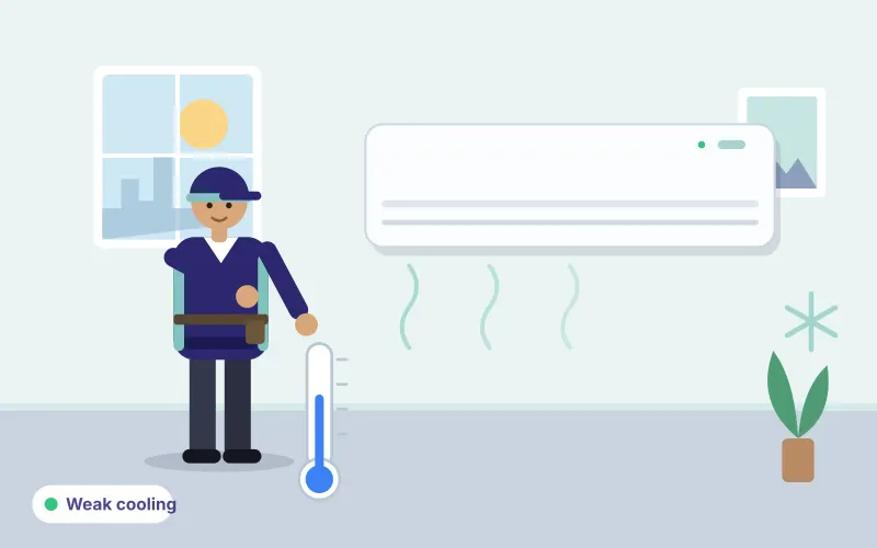 Illustration of a technician checking a split AC that runs but cools poorly, with a thermometer and snowflake symbol