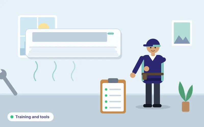 Illustration of a technician with a clipboard and wrench working on an open AC unit