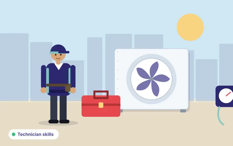 Illustration of a technician with a toolbox and gauges beside an outdoor AC unit