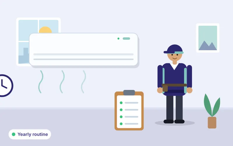 Illustration of a technician with a clipboard and clock beside a split AC