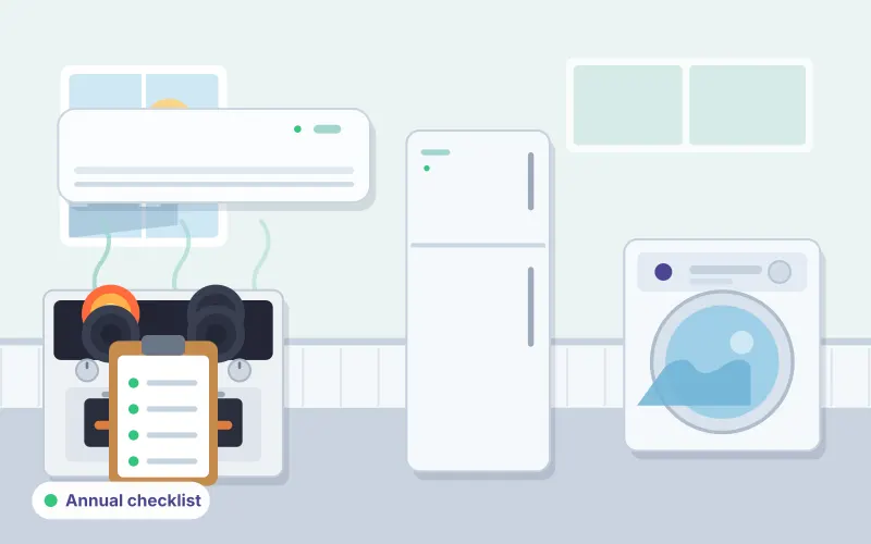 Illustration of an AC, refrigerator, washing machine and stove with a clipboard checklist