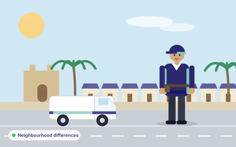 Illustration of villas and palm trees with a service van and technician
