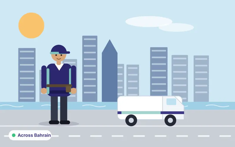 Illustration of a Bahrain-style skyline with a service van and technician in the foreground