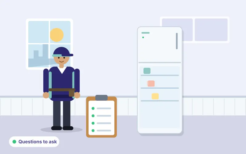 Illustration of a technician with a clipboard next to an open refrigerator