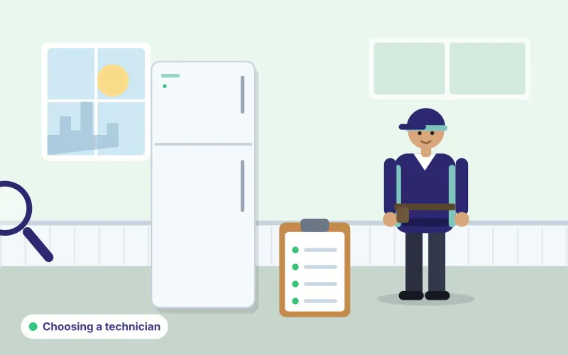 Illustration of a technician with a clipboard beside a refrigerator, representing choosing a reliable repair provider