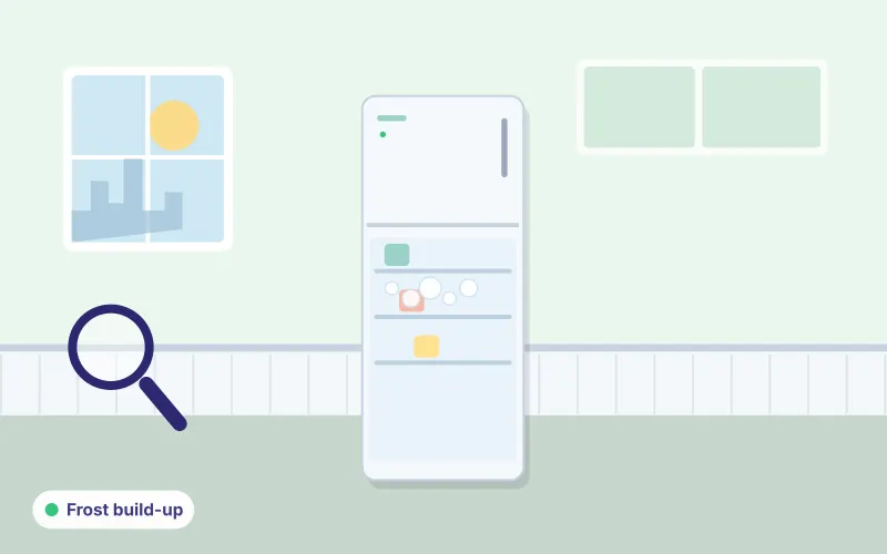 Illustration of a refrigerator with frost and a magnifying glass