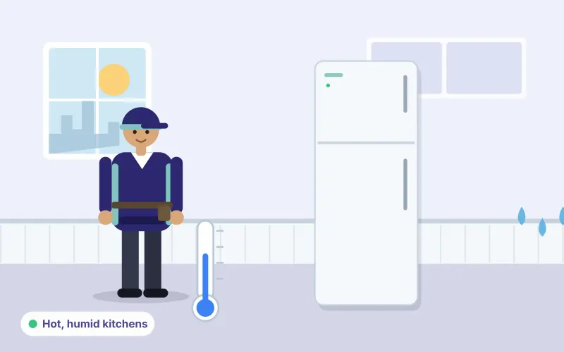 Illustration of a technician with a thermometer beside a refrigerator with water drops