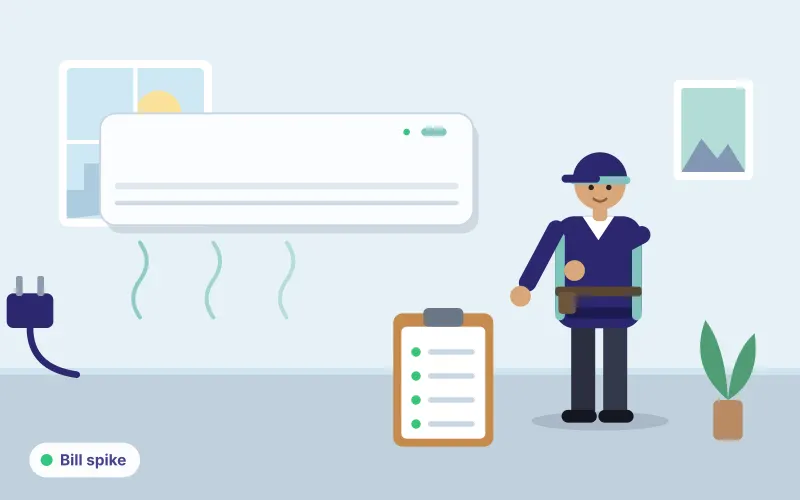 Illustration of a technician with a clipboard and power plug diagnosing why an AC uses more electricity