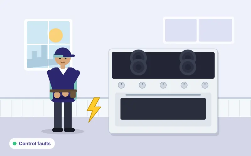Illustration of a technician crouching in front of an electric stove with an electrical warning symbol