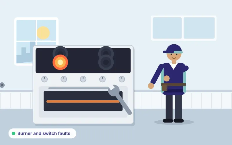 Illustration of a technician with a wrench inspecting an electric stove burner