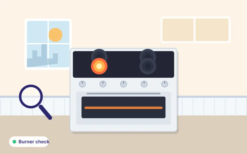 Illustration of an electric stove with one glowing burner and a magnifying glass