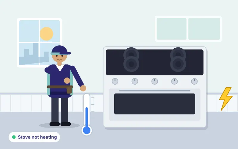 Illustration of a technician inspecting an electric stove that is not heating, with a thermometer and electrical warning symbol