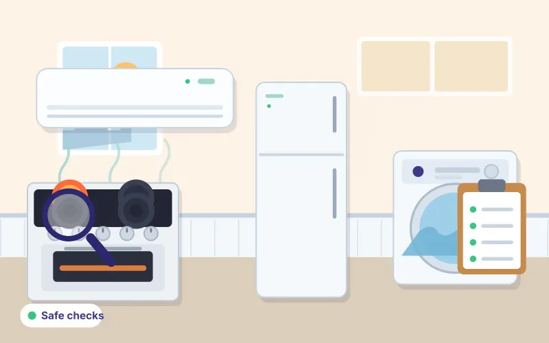 Illustration of household appliances with a magnifying glass and checklist representing safe fault checks