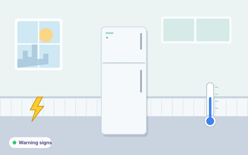 Illustration of a refrigerator with an electrical warning symbol and a thermometer