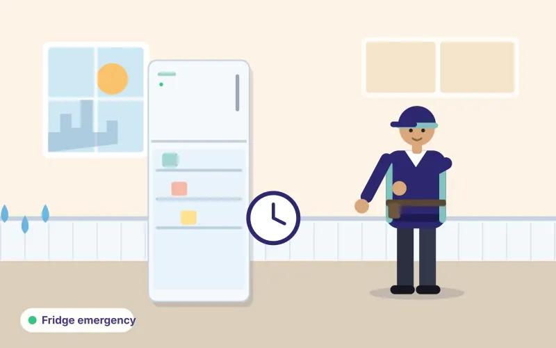 Illustration of a technician looking into an open refrigerator, with a clock and water drops
