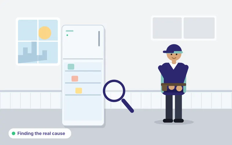 Illustration of a technician crouching with a magnifying glass beside an open refrigerator