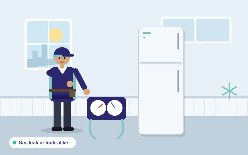 Illustration of a technician with a pressure gauge beside a refrigerator and a snowflake symbol