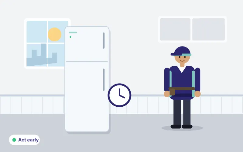 Illustration of a technician with a clock beside a refrigerator, representing acting quickly to protect food