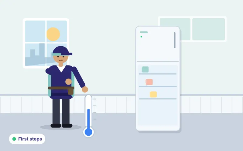 Illustration of a technician checking the temperature inside an open refrigerator