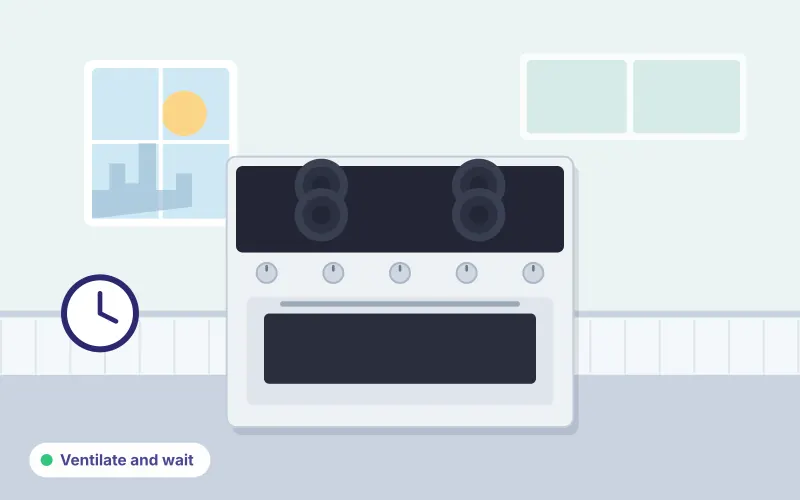 Illustration of a kitchen cooker with a clock, representing waiting and ventilating before any further steps