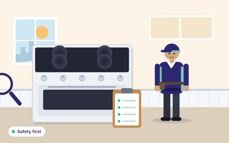 Illustration of a technician with a clipboard beside a cooker, representing a safety-first checklist