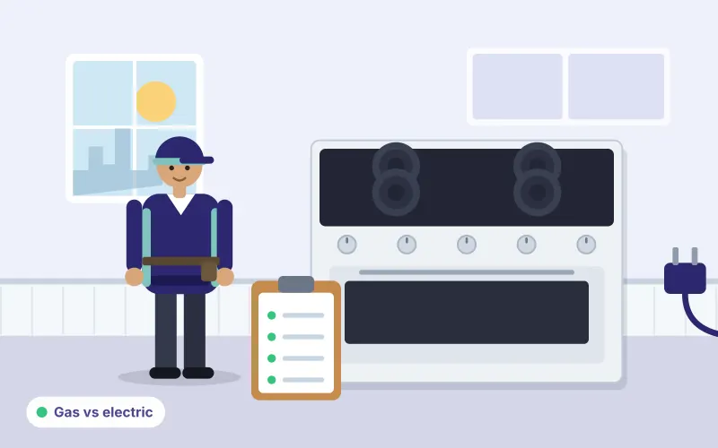Illustration of a technician with a clipboard and power plug beside a cooker