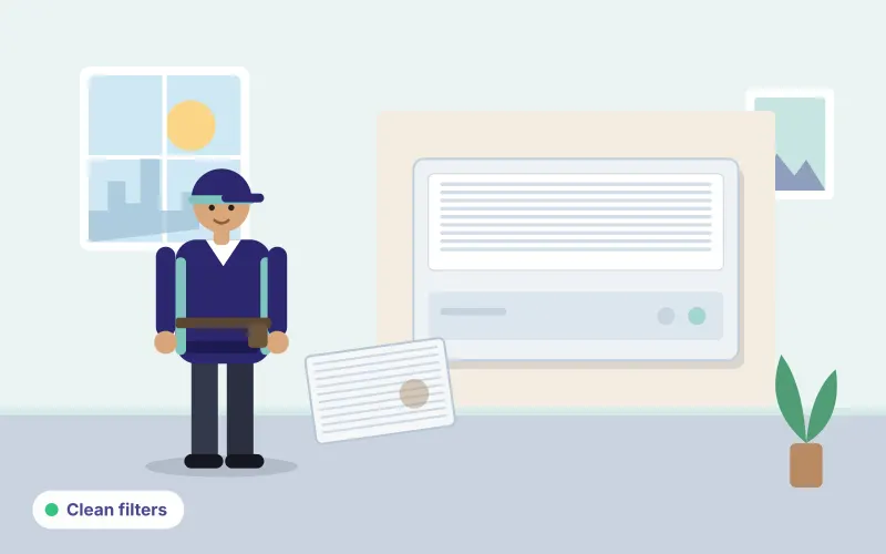Illustration of a person-sized technician holding a clean filter beside a window AC